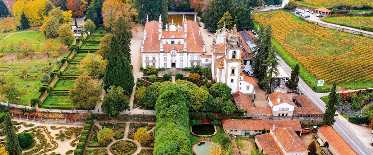 An aerial view of Mateus Palace in Vila Real, Portugal